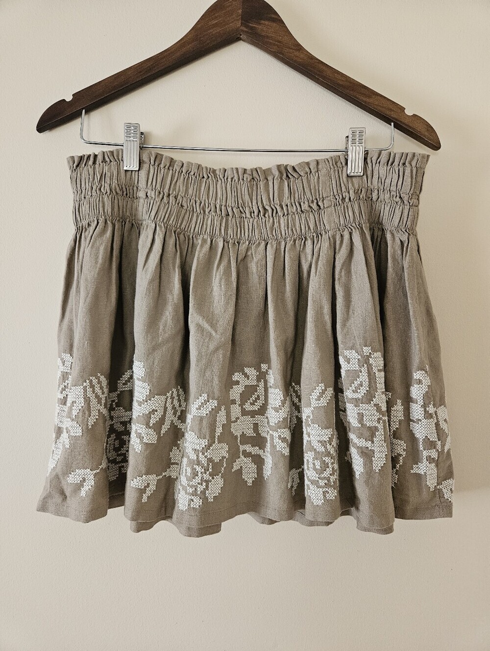 Aerie Linen Blend Embroidered Mini Skirt Brown Khaki Sz L Boho Smocked Waist